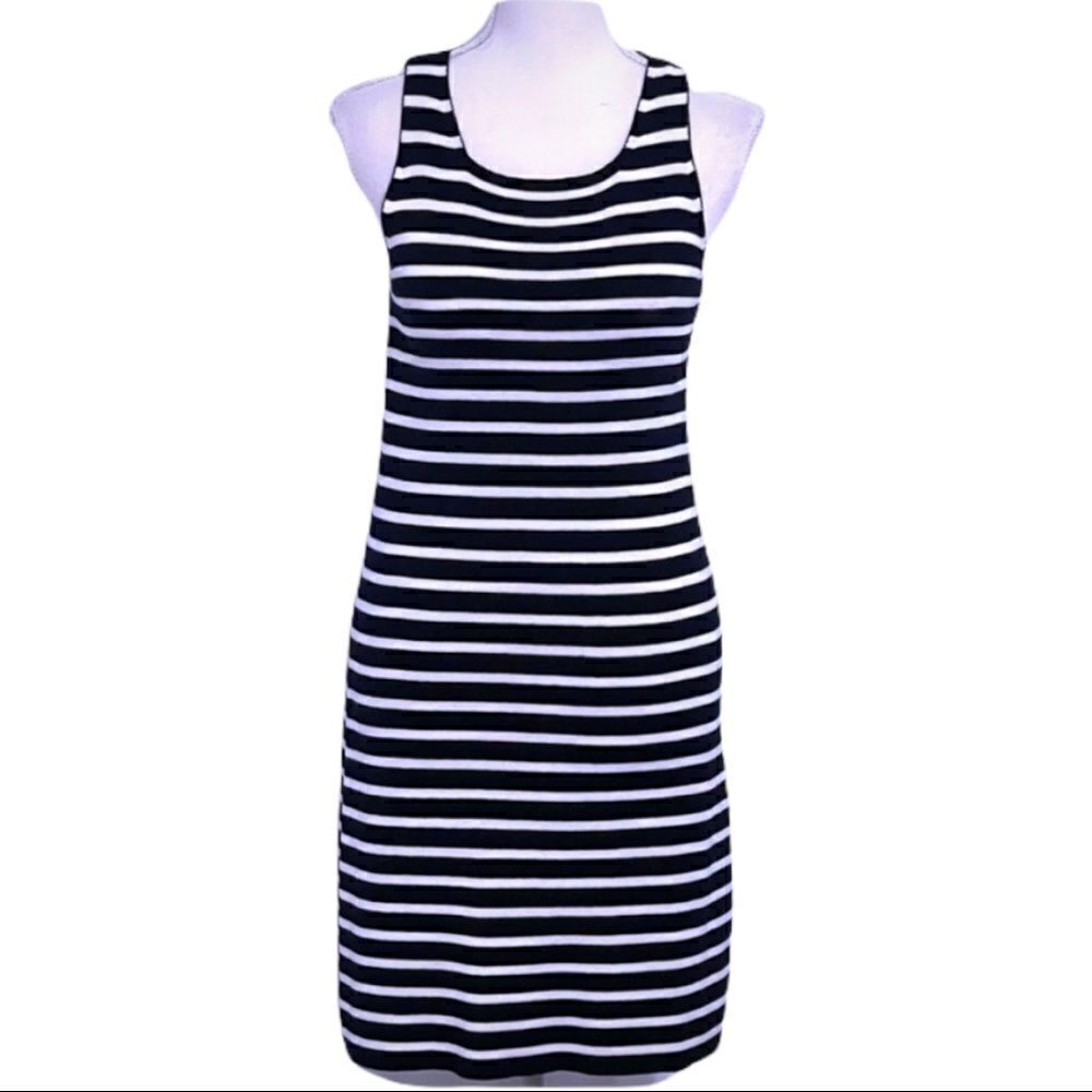 DKNY Navy White Striped Knit Sleeveless Dress SMALL